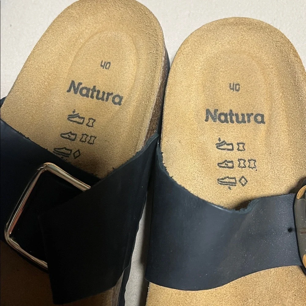 Natura women’s Black Sandals with Gold Buckles NEW